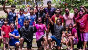 Along with his Mumbai Indians teammates, Rohit Sharma and Hardik Pandya celebrate Holi.